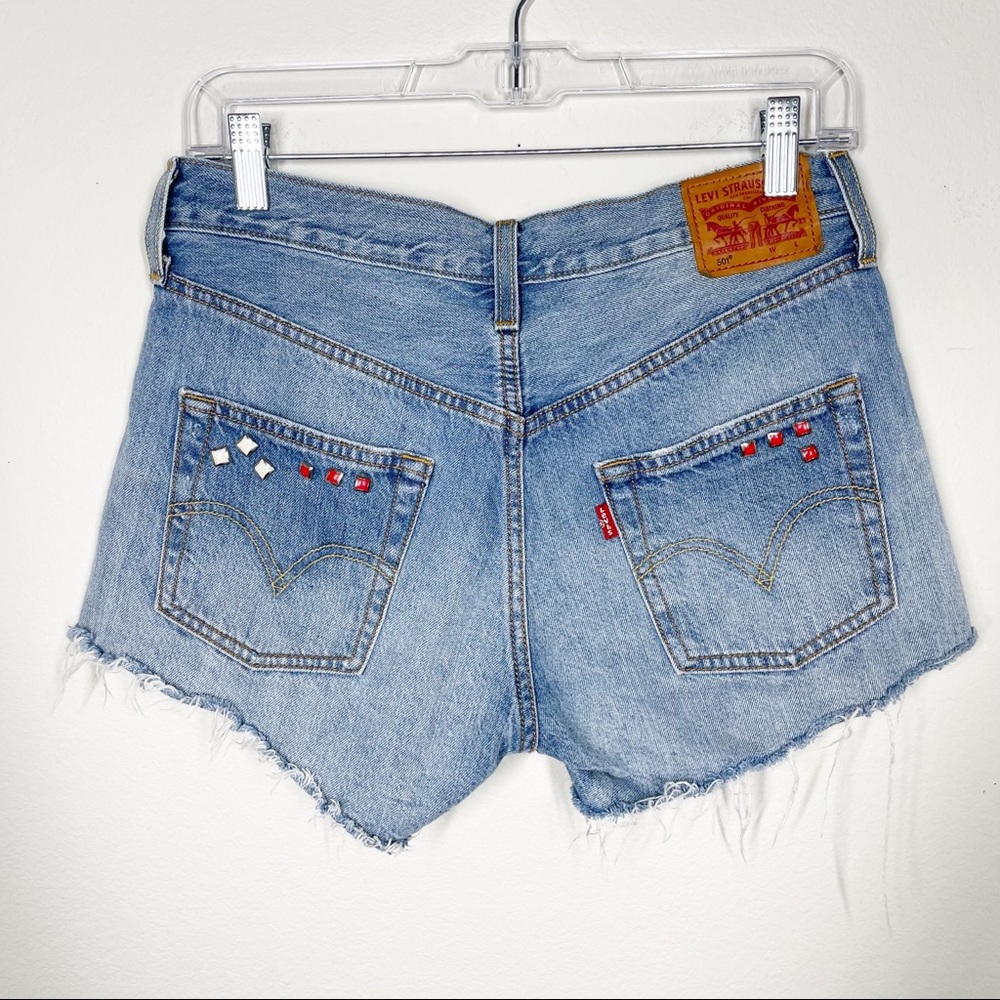 Levi's 501 Denim Cut Off Shorts Upcycled Sz 27 Boho Embroidered Vintage Festival - Picture 7 of 12